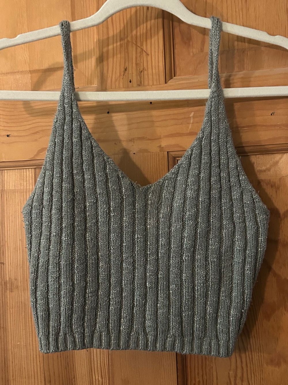 Grey Ribbed Knit V-Neck Crop Top